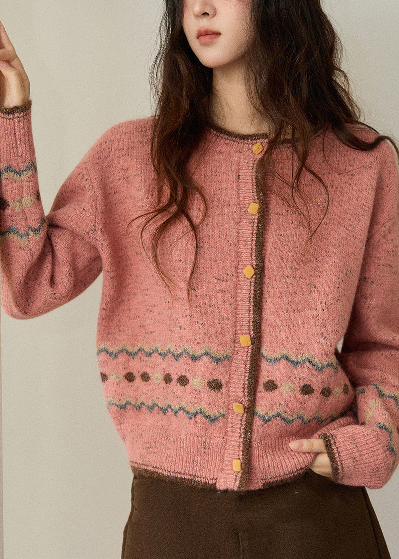 Pink O-neck Print Button Cotton Knit Cardigans Spring