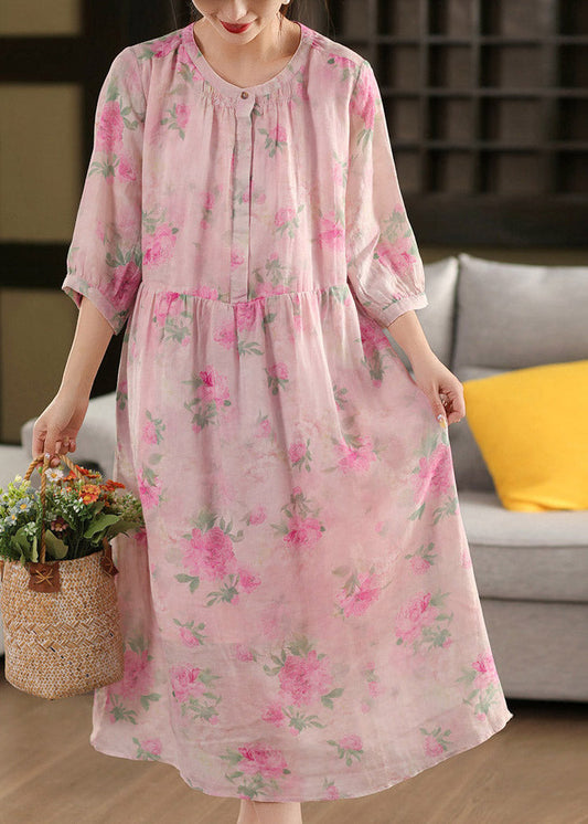 Pink O-neck Print Patchwork Linen Maxi Dress Half Sleeve