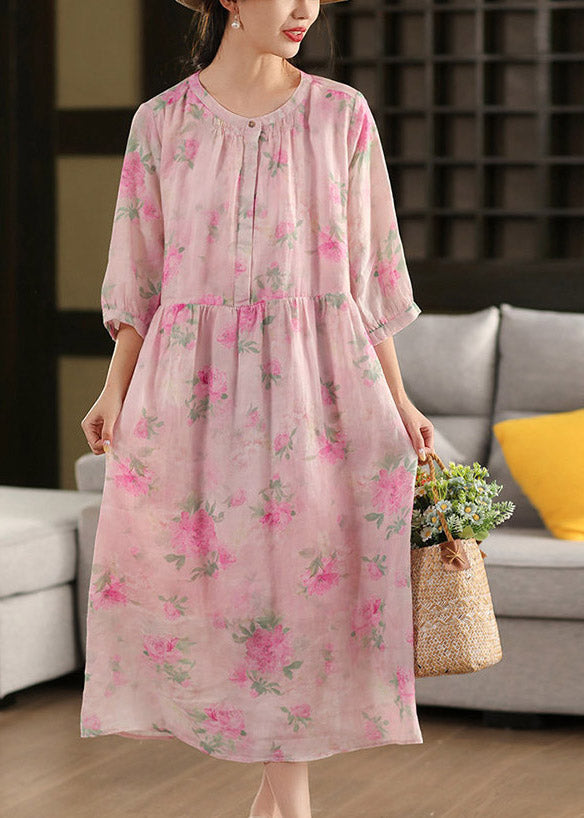 Pink O-neck Print Patchwork Linen Maxi Dress Half Sleeve