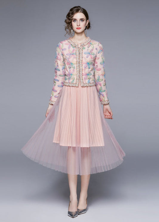 Pink O-neck Print Tulle Two Piece Suit Set Fall