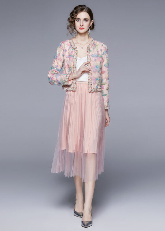 Pink O-neck Print Tulle Two Piece Suit Set Fall