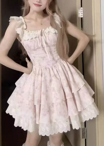 Pink O-neck Print Wrinkled Mid Dress Short Sleeve