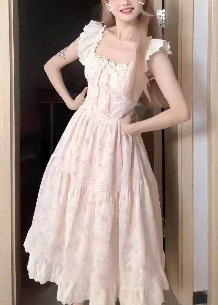 Pink O-neck Print Wrinkled Mid Dress Short Sleeve