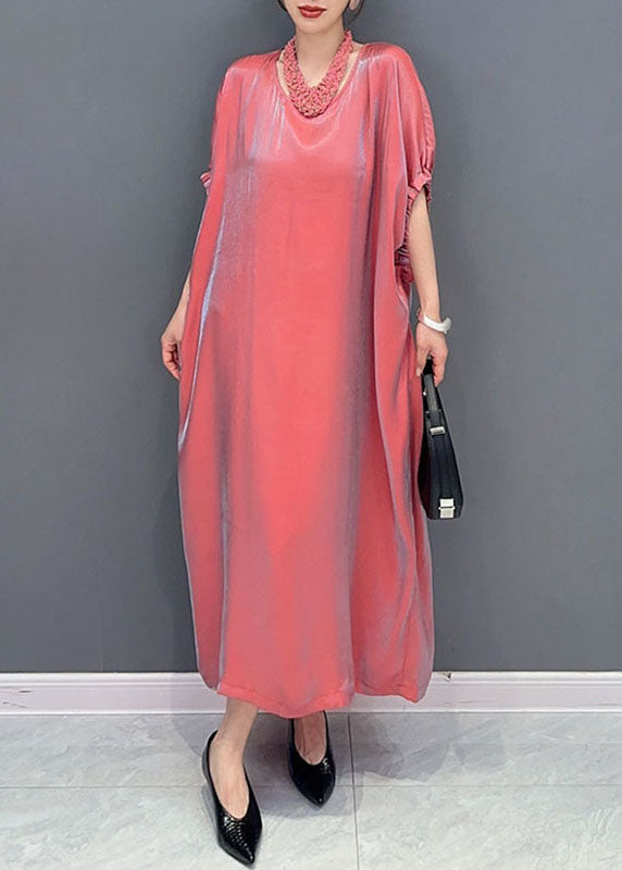 Pink O-neck Silk Long Dress Short Sleeve