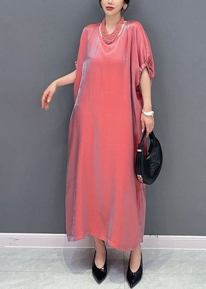 Pink O-neck Silk Long Dress Short Sleeve