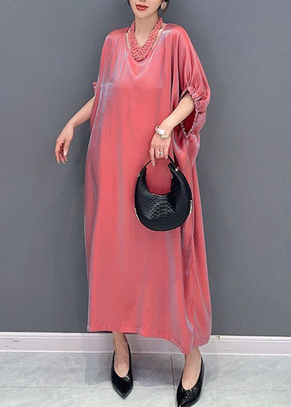Pink O-neck Silk Long Dress Short Sleeve