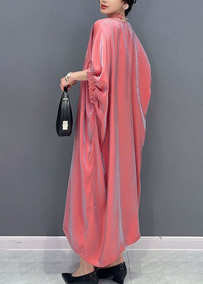 Pink O-neck Silk Long Dress Short Sleeve