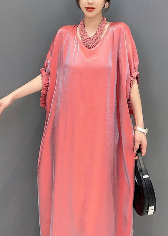 Pink O-neck Silk Long Dress Short Sleeve