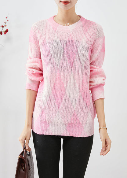 Pink Oversized Plaid Knit Sweaters Fall