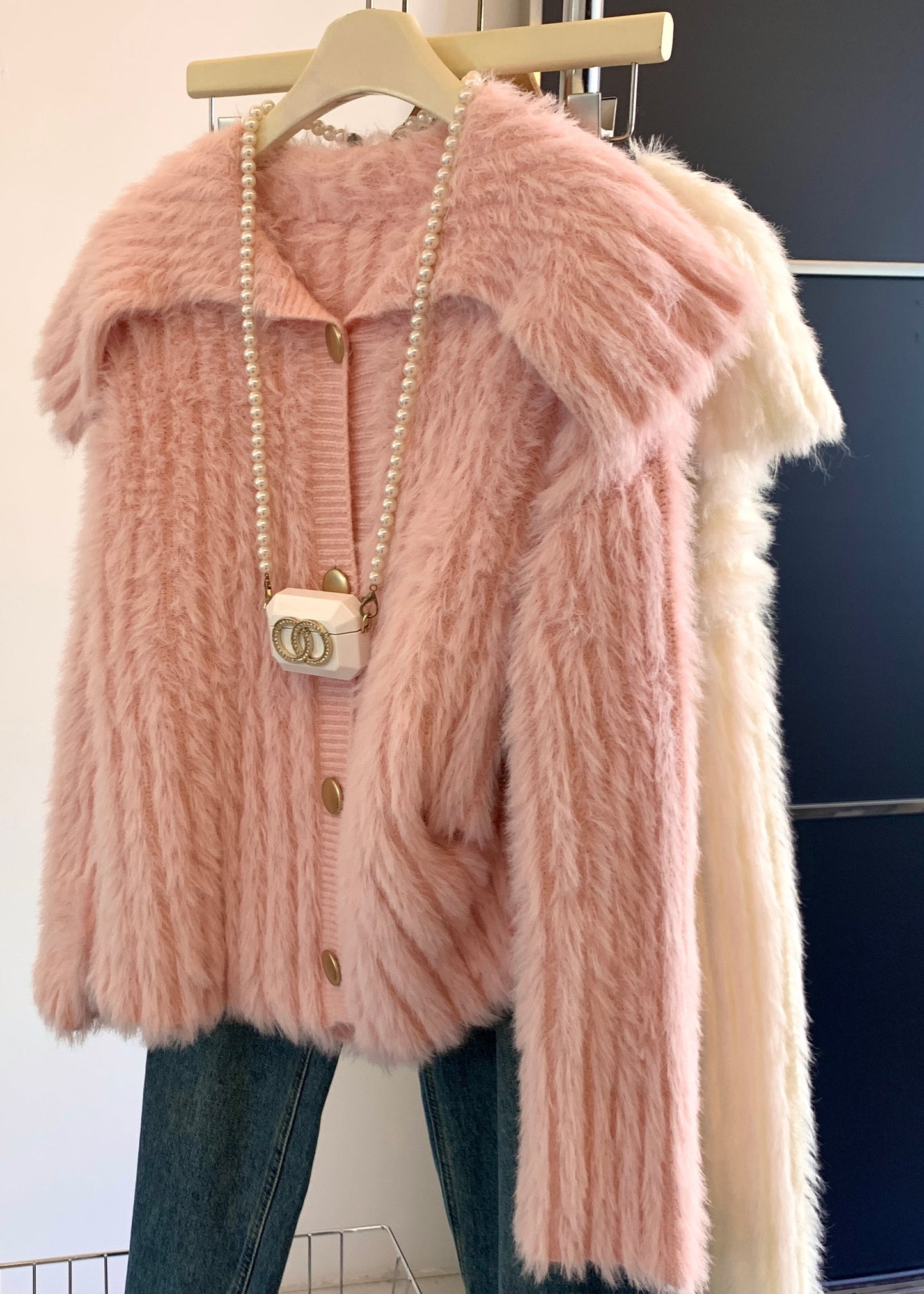 Pink Peter Pan Collar Button Mink Velve Sweater Tops Spring