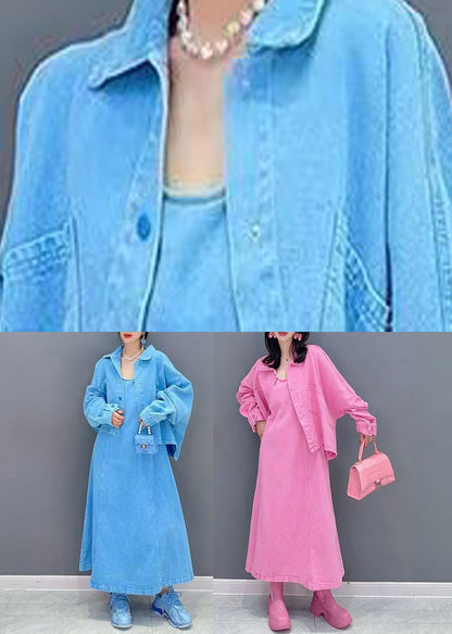 Pink Peter Pan Collar Coats and Long Dresses Two Pieces Set Puff Sleeve