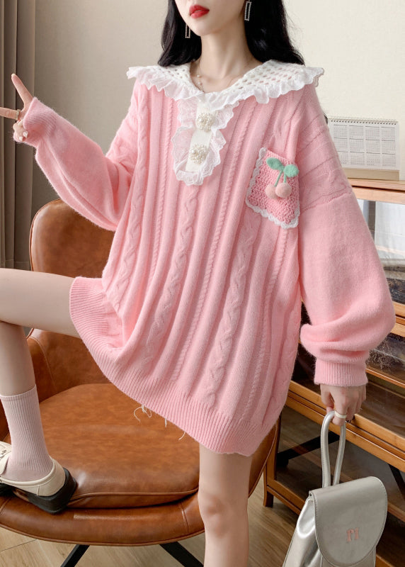 Pink Peter Pan Collar Cotton Knit Sweater Spring