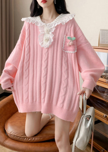 Pink Peter Pan Collar Cotton Knit Sweater Spring