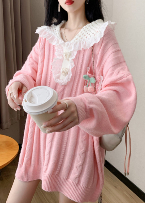 Pink Peter Pan Collar Cotton Knit Sweater Spring