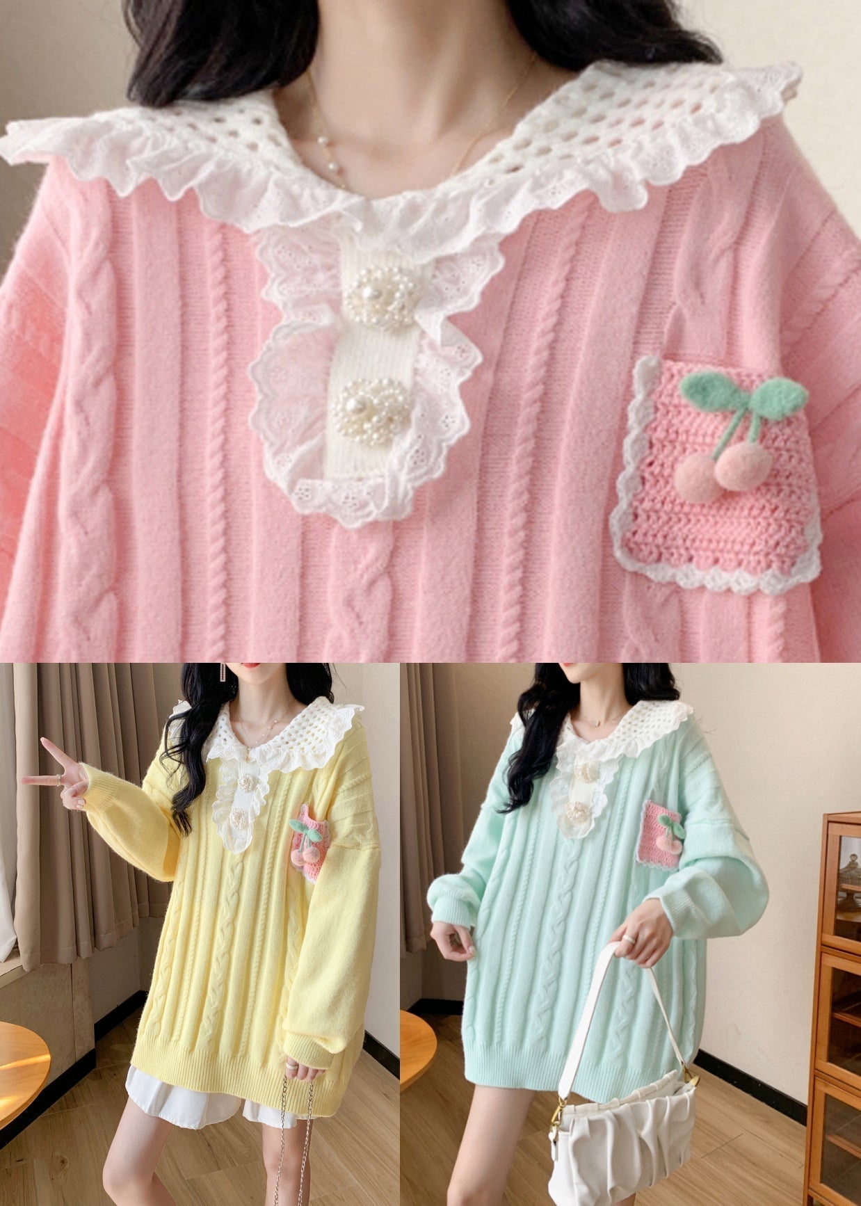 Pink Peter Pan Collar Cotton Knit Sweater Spring