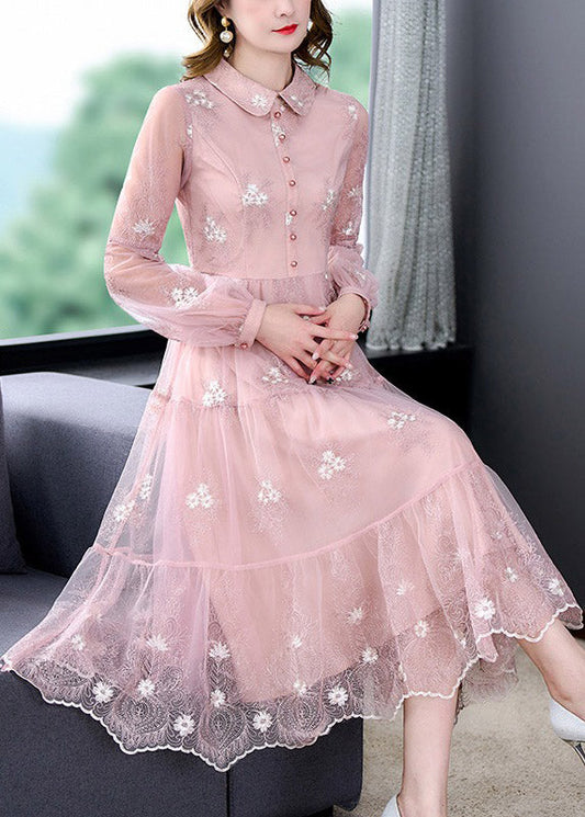 Pink Peter Pan Collar Embroidered Patchwork Button Tulle Maxi Dress Long Sleeve