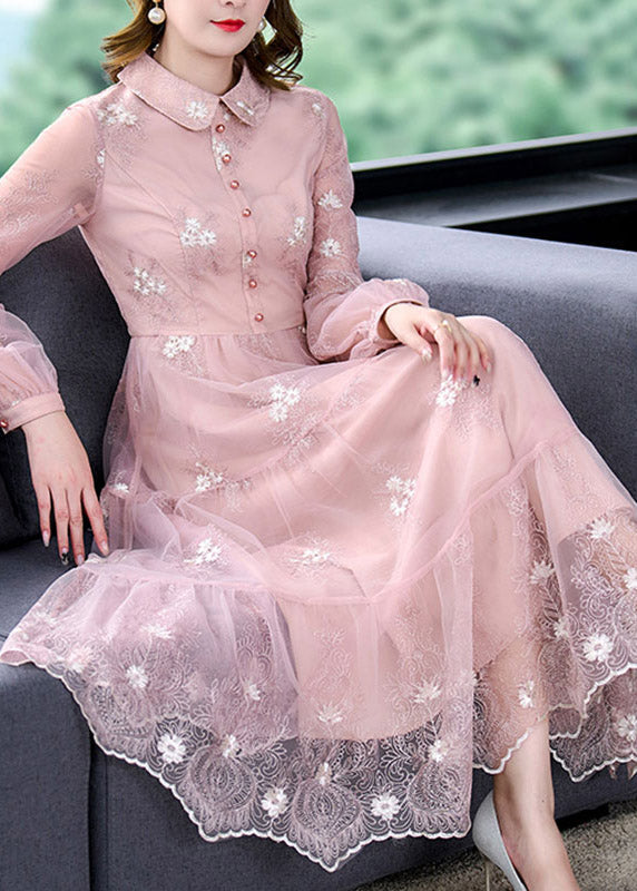 Pink Peter Pan Collar Embroidered Patchwork Button Tulle Maxi Dress Long Sleeve