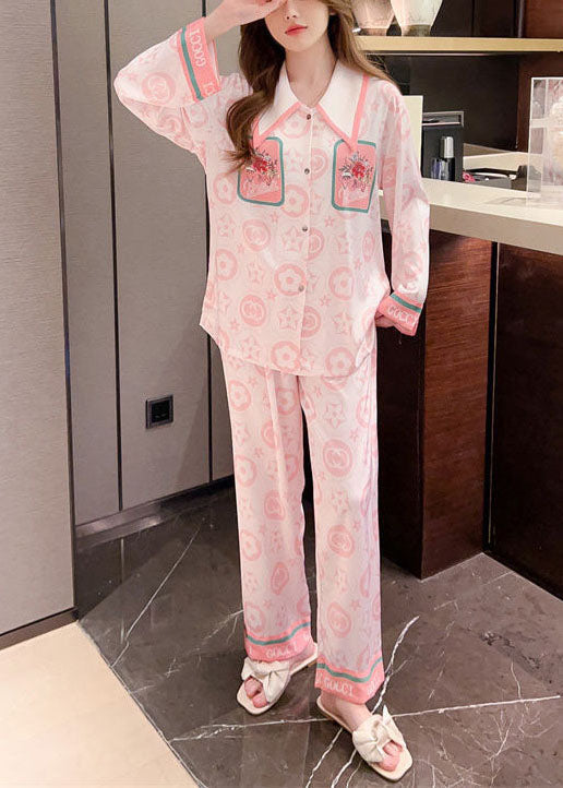 Pink Peter Pan Collar Print Ice Silk Pajamas Two Pieces Set Spring