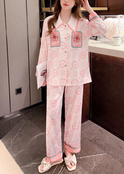 Pink Peter Pan Collar Print Ice Silk Pajamas Two Pieces Set Spring