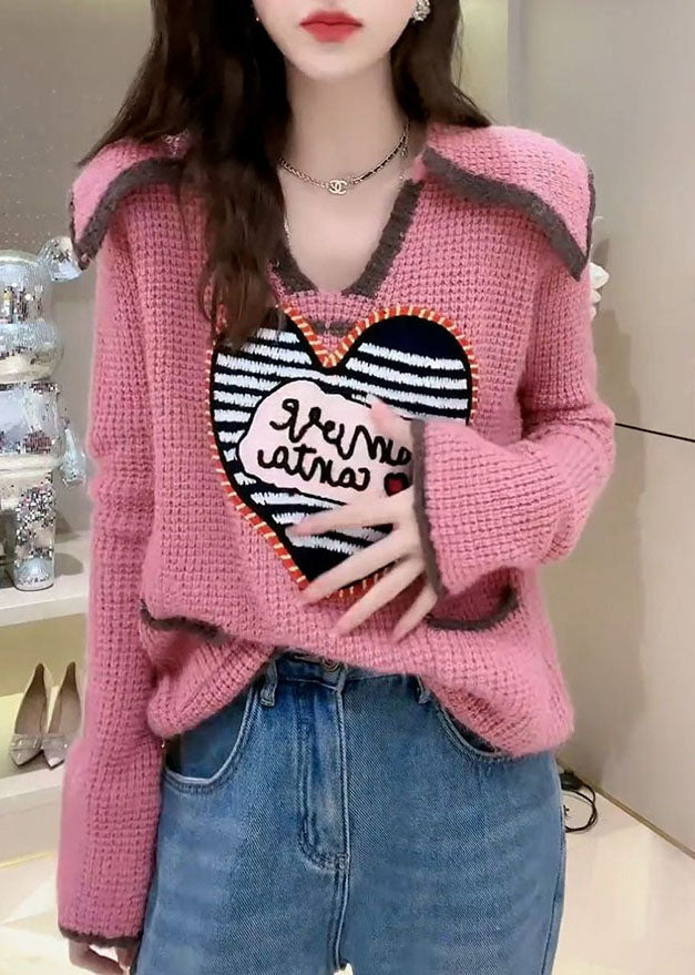 Pink Peter Pan Collar Print Pockets Patchwork Knit Sweaters Fall