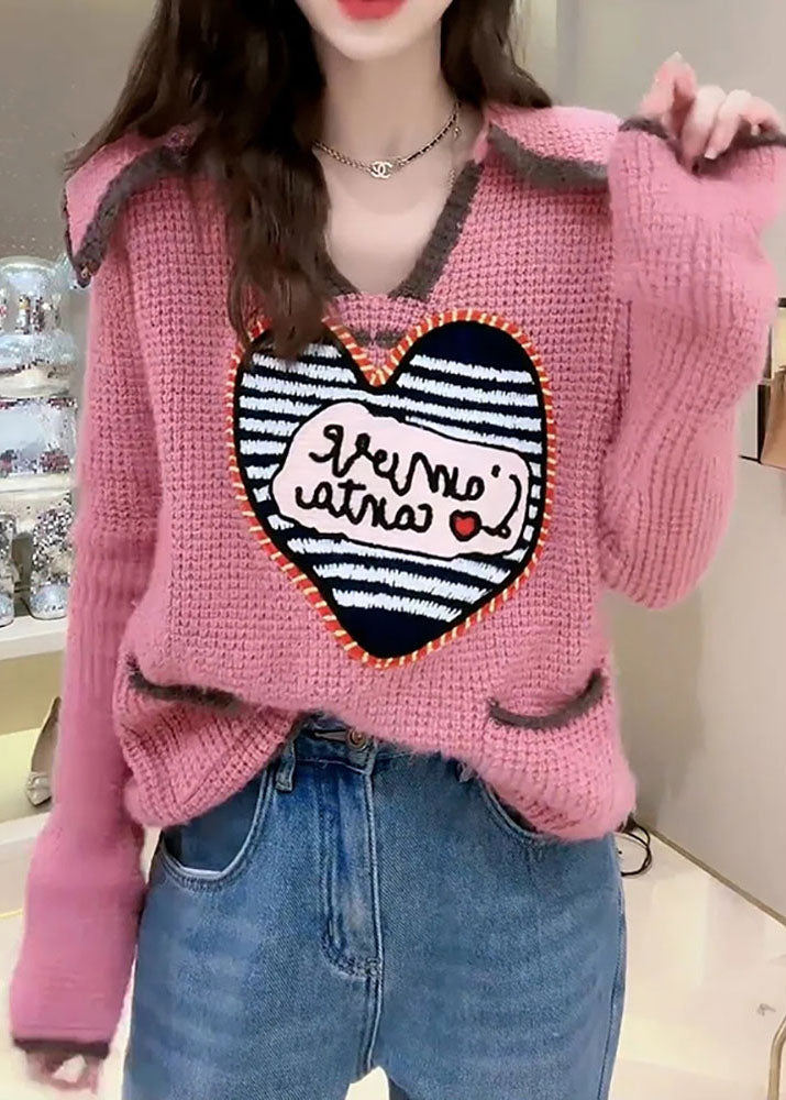 Pink Peter Pan Collar Print Pockets Patchwork Knit Sweaters Fall