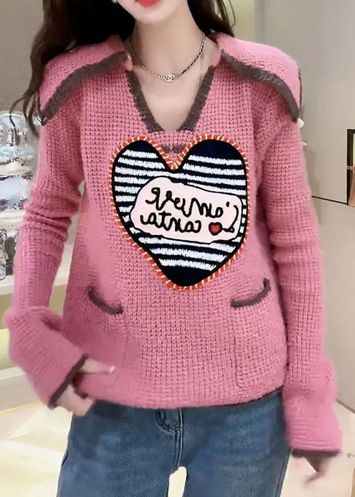 Pink Peter Pan Collar Print Pockets Patchwork Knit Sweaters Fall