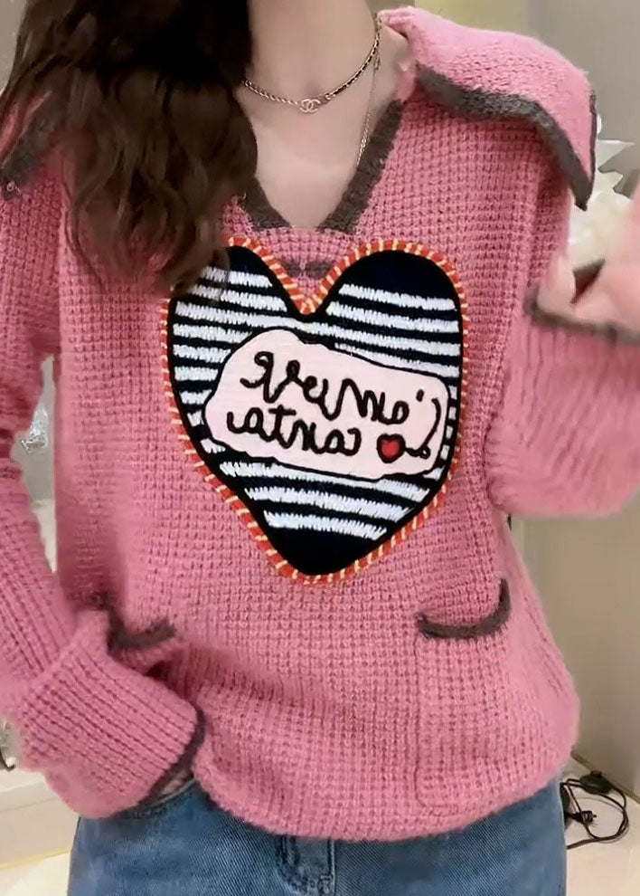 Pink Peter Pan Collar Print Pockets Patchwork Knit Sweaters Fall