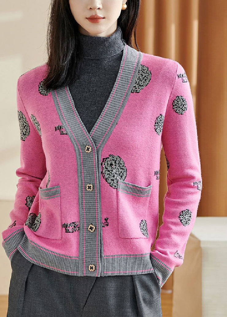 Pink Print Button Cotton Knit Cardigans Long Sleeve