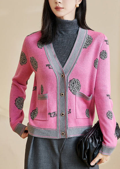 Pink Print Button Cotton Knit Cardigans Long Sleeve