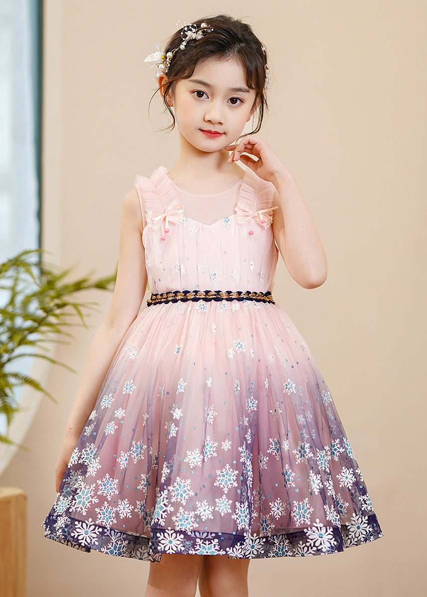 Pink Print Gradient Color Exra Large Hem Tulle Kids Robe Dresses Summer
