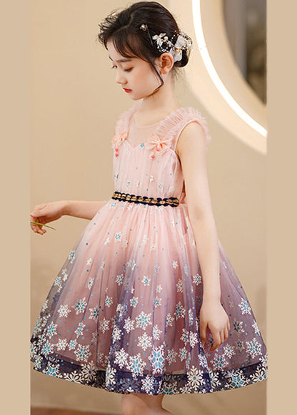 Pink Print Gradient Color Exra Large Hem Tulle Kids Robe Dresses Summer