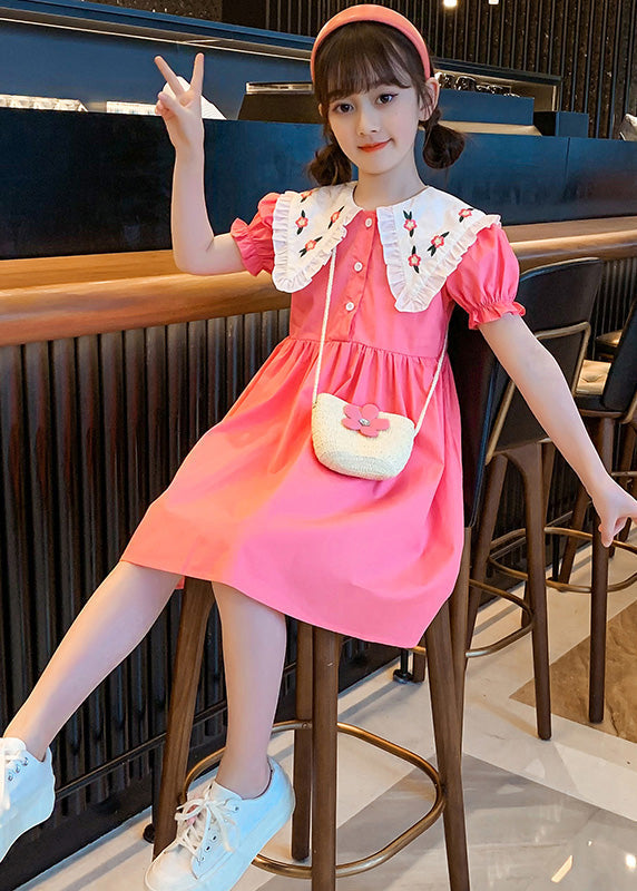 Pink Print Patchwork Wrinkled Cotton Holiday Mid Dress Short Sleeve