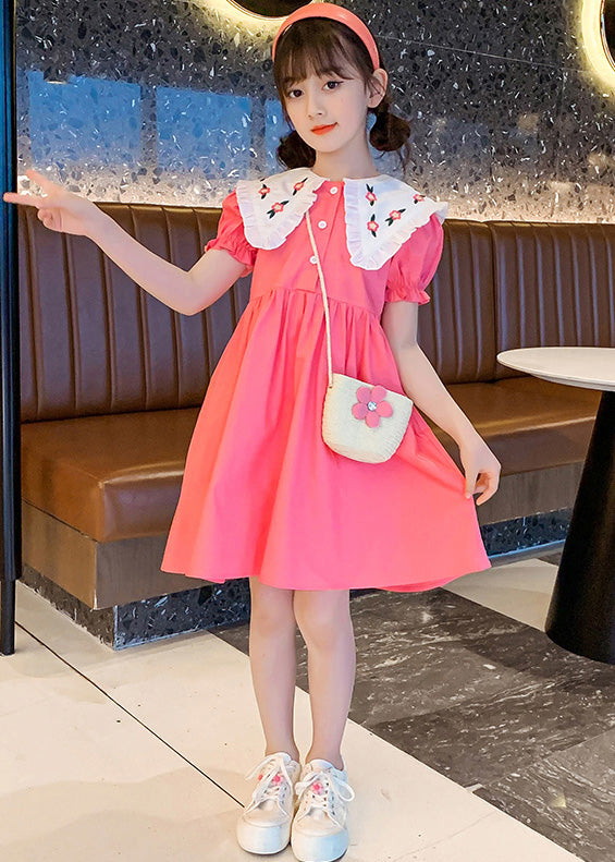 Pink Print Patchwork Wrinkled Cotton Holiday Mid Dress Short Sleeve