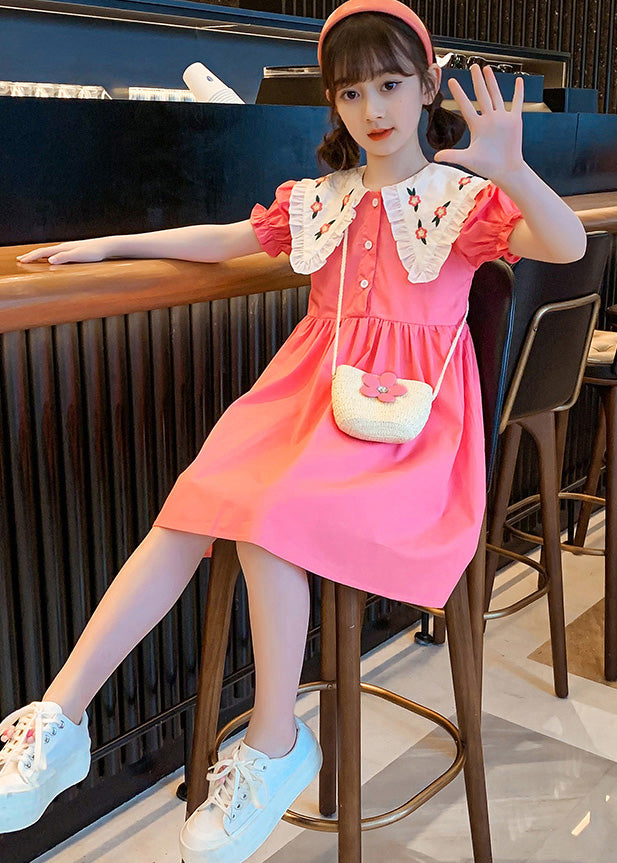 Pink Print Patchwork Wrinkled Cotton Holiday Mid Dress Short Sleeve