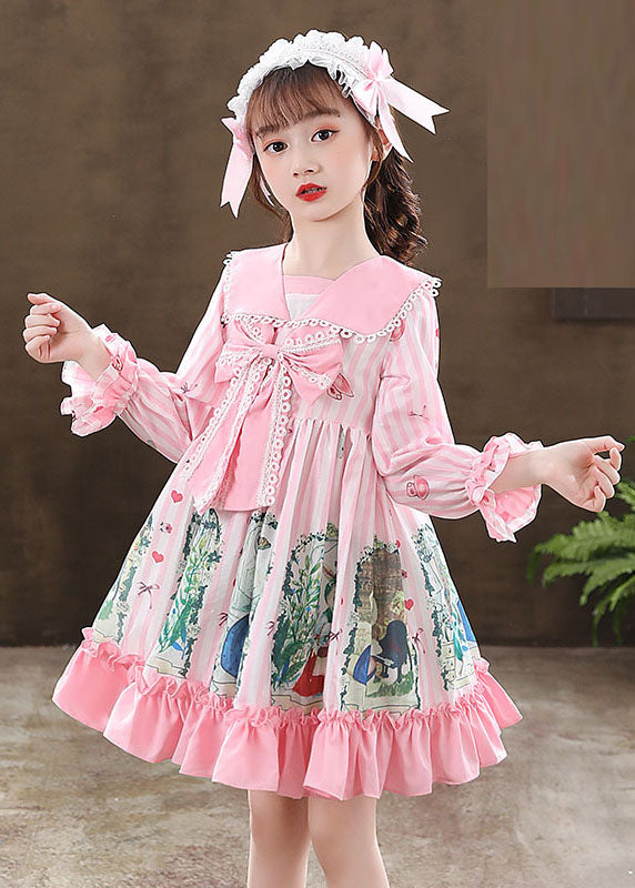 Pink Print Ruffled Patchwork Bow Mid Dresses Fall