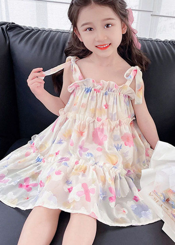 Pink Print Ruffled Patchwork Chiffon Baby Dresses Sleeveless