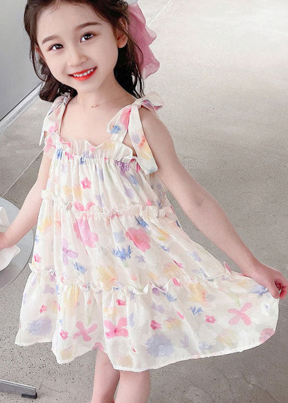 Pink Print Ruffled Patchwork Chiffon Baby Dresses Sleeveless