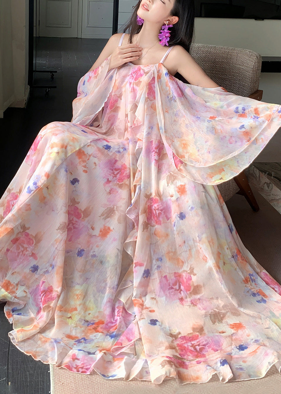 Pink Print Ruffled Patchwork Chiffon Long Dress Short Sleeve