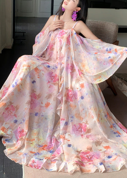 Pink Print Ruffled Patchwork Chiffon Long Dress Short Sleeve