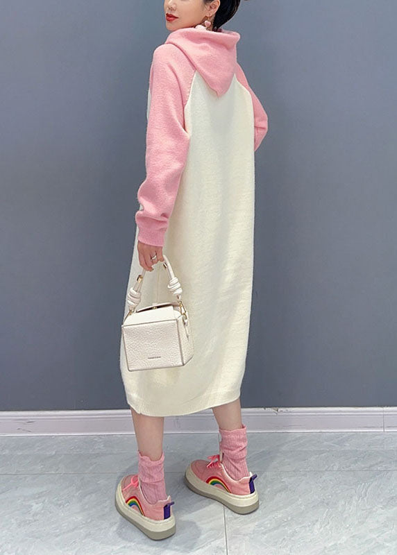 Pink Print Wrinkled Knit Maxi Sweater Dresses Long Sleeve