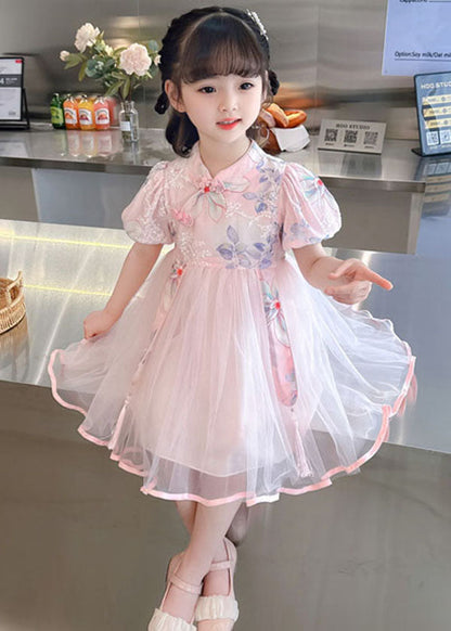Pink Print Wrinkled Patchwork Tulle Kids Dresses Summer