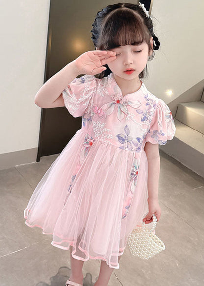 Pink Print Wrinkled Patchwork Tulle Kids Dresses Summer