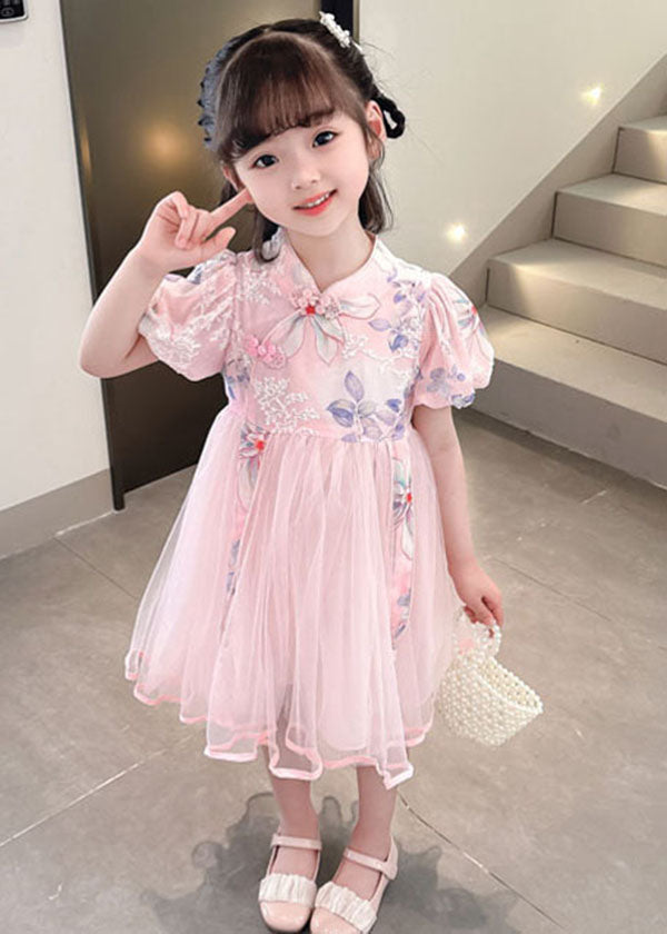 Pink Print Wrinkled Patchwork Tulle Kids Dresses Summer