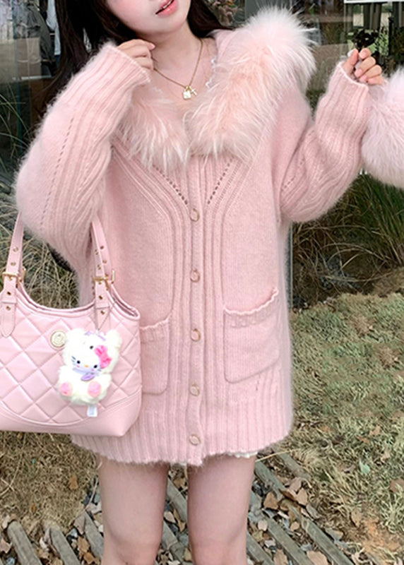 Pink Raccoon Hair Collar Button Cotton Knit Cardigan Spring