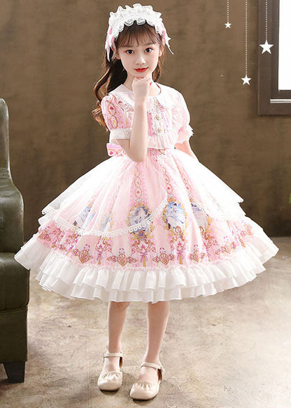 Pink Ruffled Cartoon Print Patchwork Chiffon Kids Princess Dress Summer