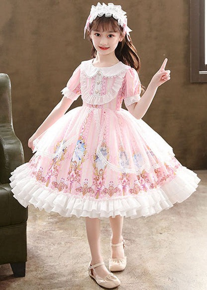 Pink Ruffled Cartoon Print Patchwork Chiffon Kids Princess Dress Summer