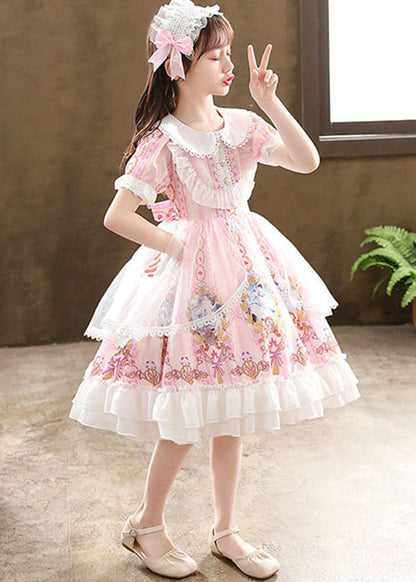 Pink Ruffled Cartoon Print Patchwork Chiffon Kids Princess Dress Summer
