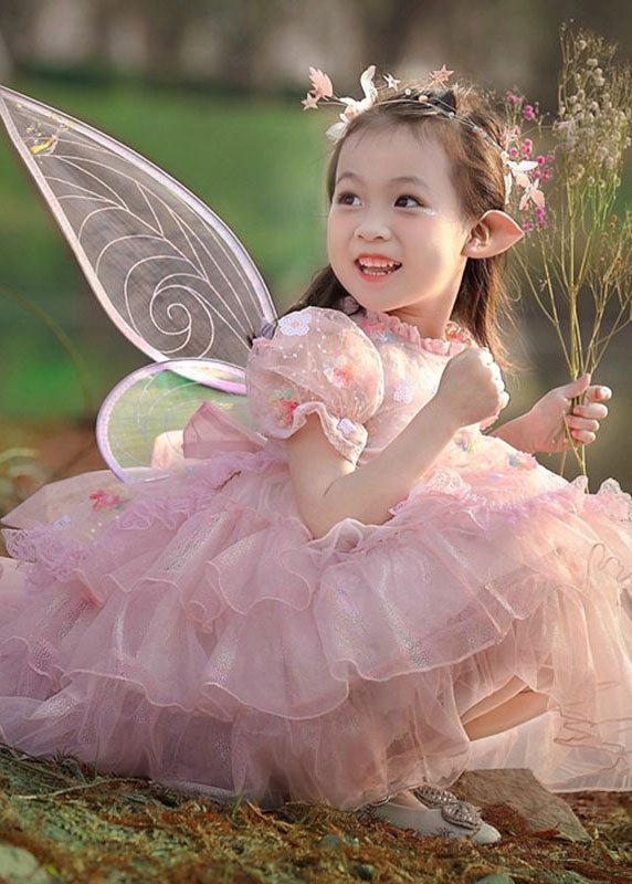 Pink Ruffled Layered Patchwork Tulle Kids Dress Summer