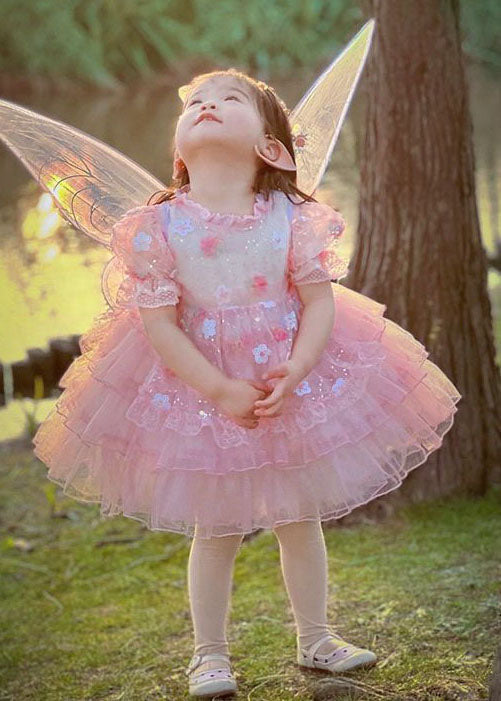 Pink Ruffled Layered Patchwork Tulle Kids Dress Summer