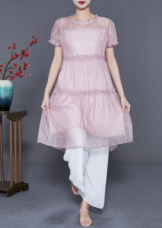 Pink Ruffled Patchwork Silk a Line Dress Summer